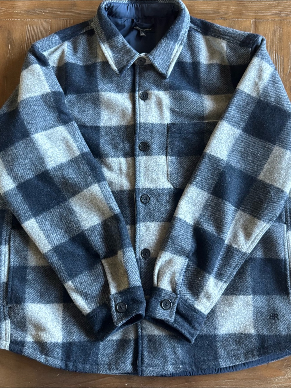 Banana Republic Men's Blue Gray Plaid Wool Blend Quilted Lined Shirt Jacket